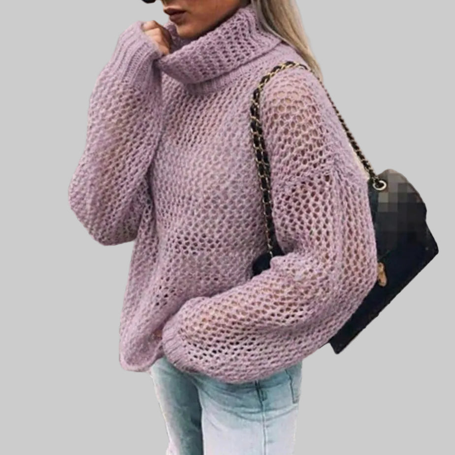 Women's Oversized Chunky Knit Roll Neck Jumper with Balloon Sleeves