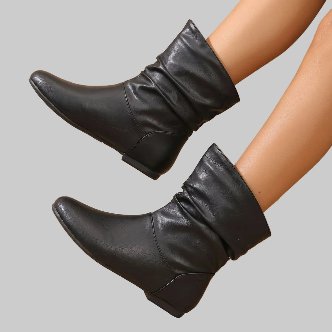 Women's Slouchy Flat Ankle Boots with Round Toe and Pull-On Design