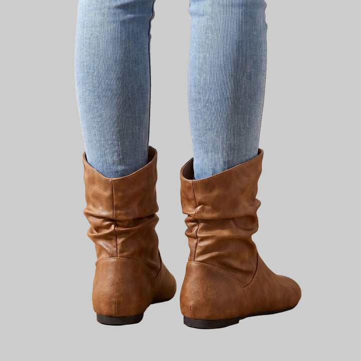 Women's Slouchy Flat Ankle Boots with Round Toe and Pull-On Design