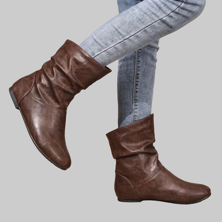 Women's Slouchy Flat Ankle Boots with Round Toe and Pull-On Design