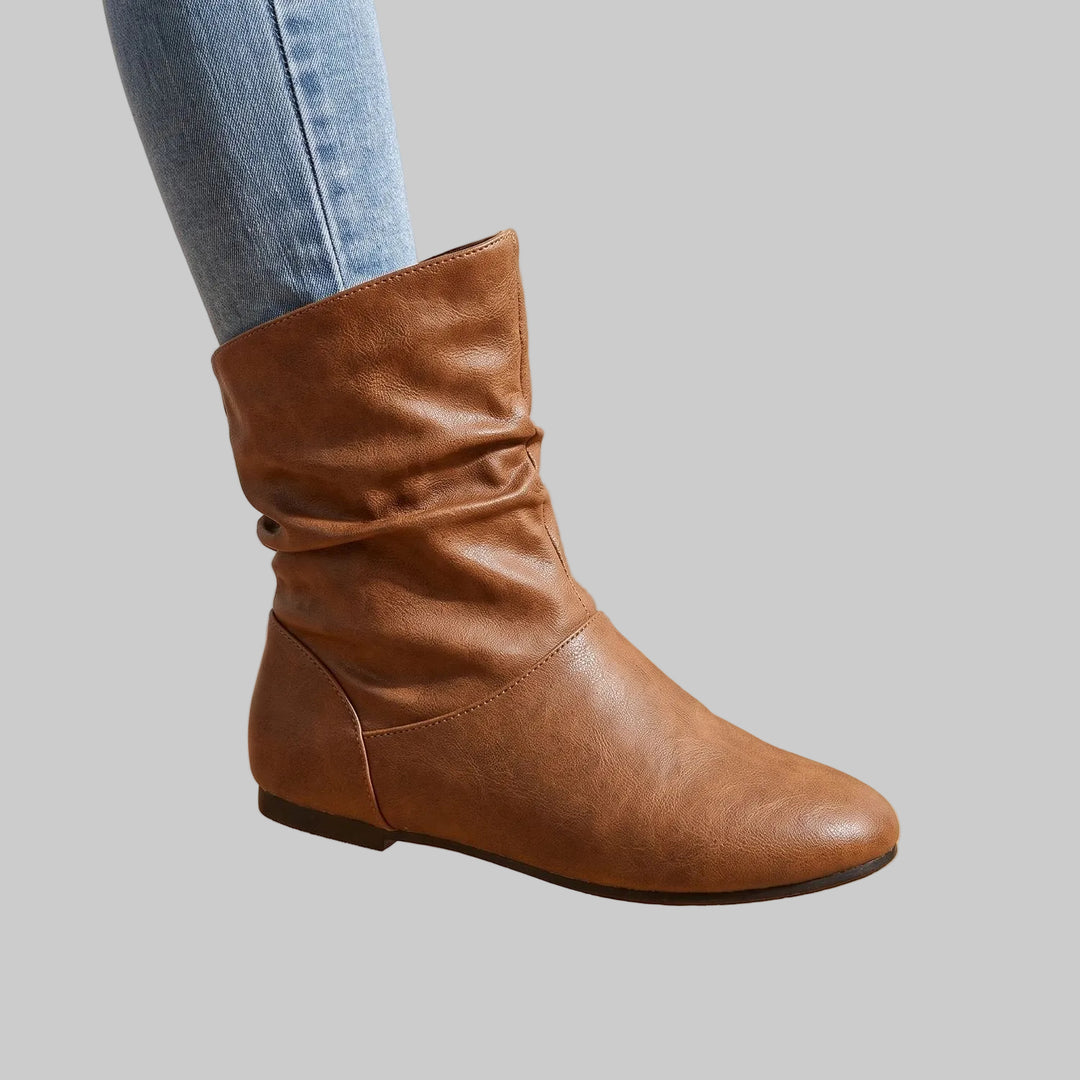 Women's Slouchy Flat Ankle Boots with Round Toe and Pull-On Design