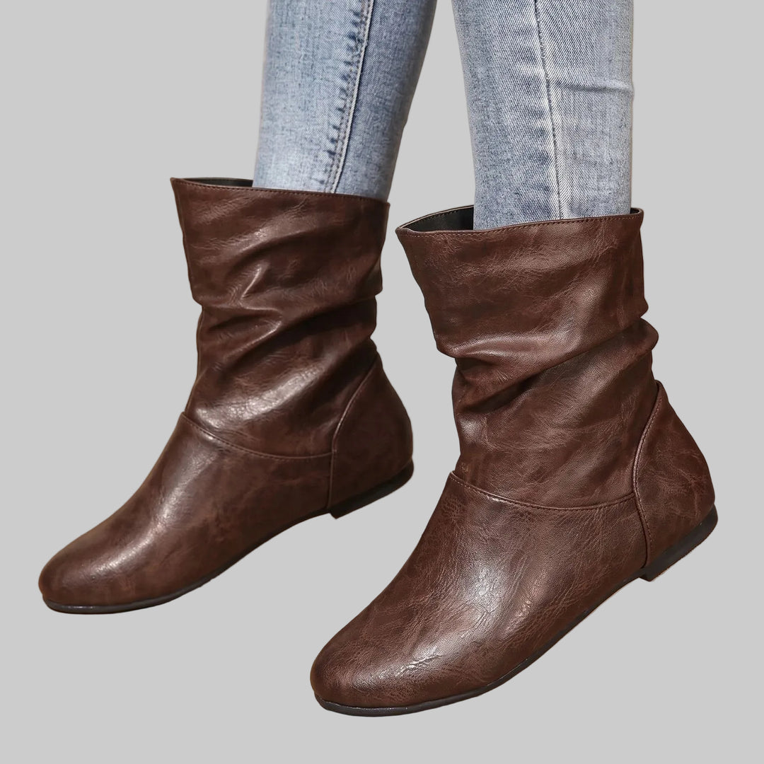 Women's Slouchy Flat Ankle Boots with Round Toe and Pull-On Design