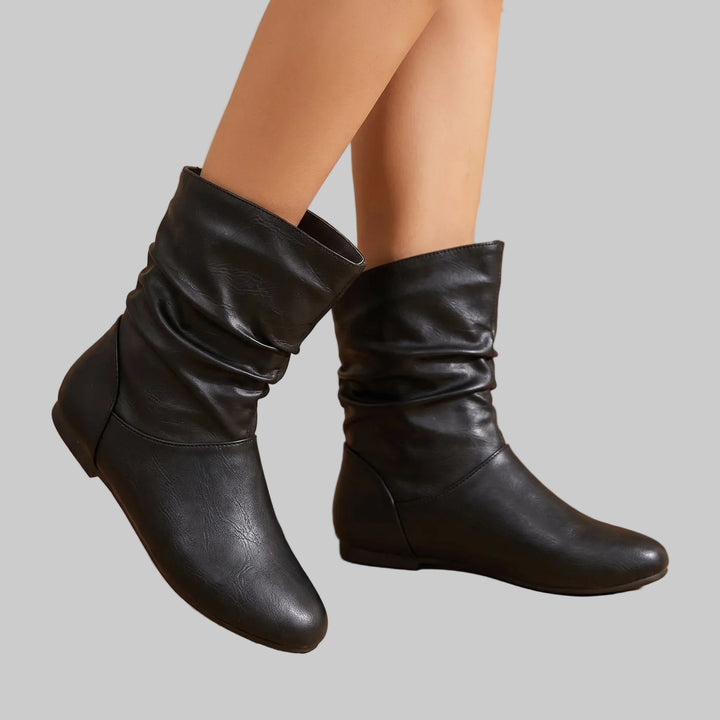 Women's Slouchy Flat Ankle Boots with Round Toe and Pull-On Design