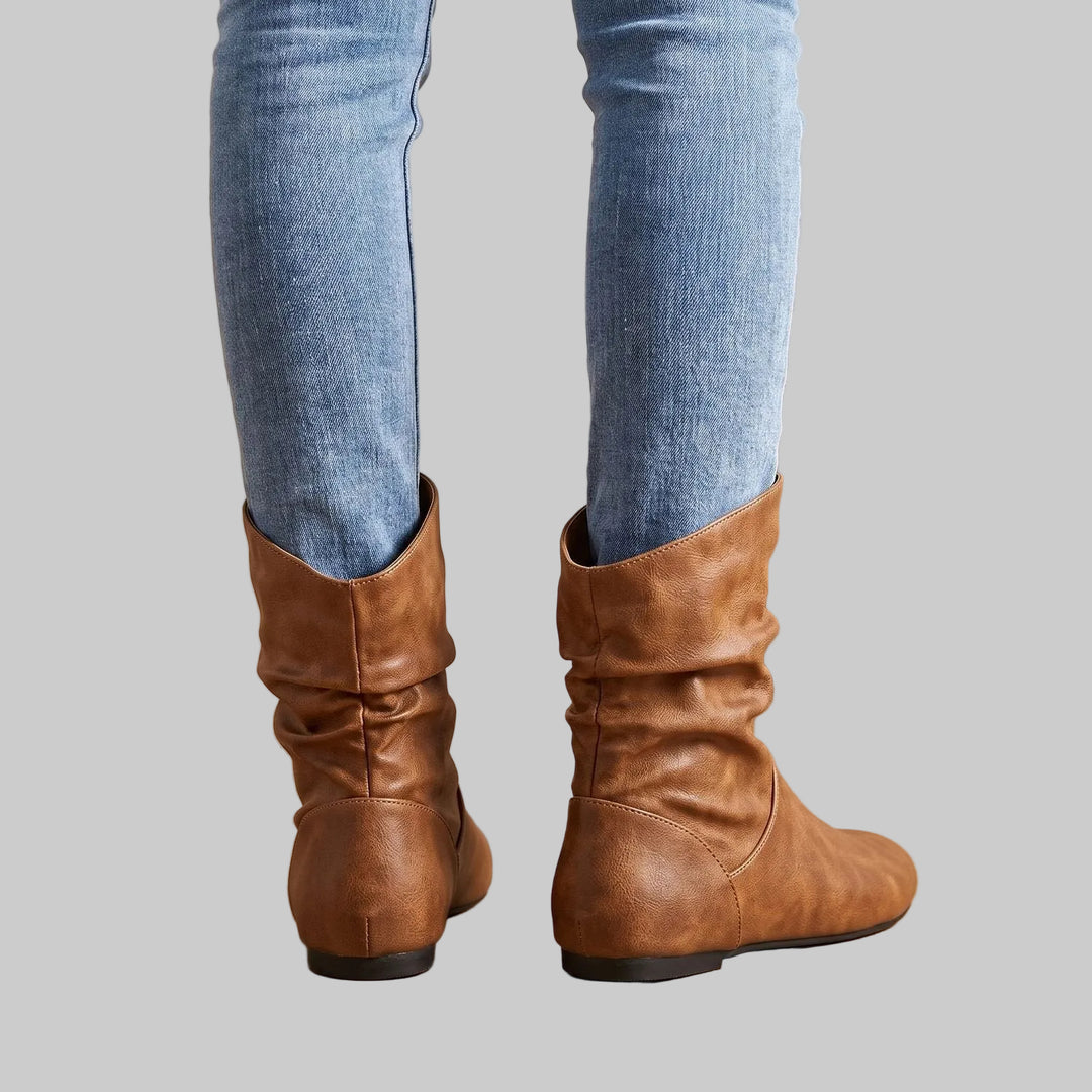 Women's Slouchy Flat Ankle Boots with Round Toe and Pull-On Design