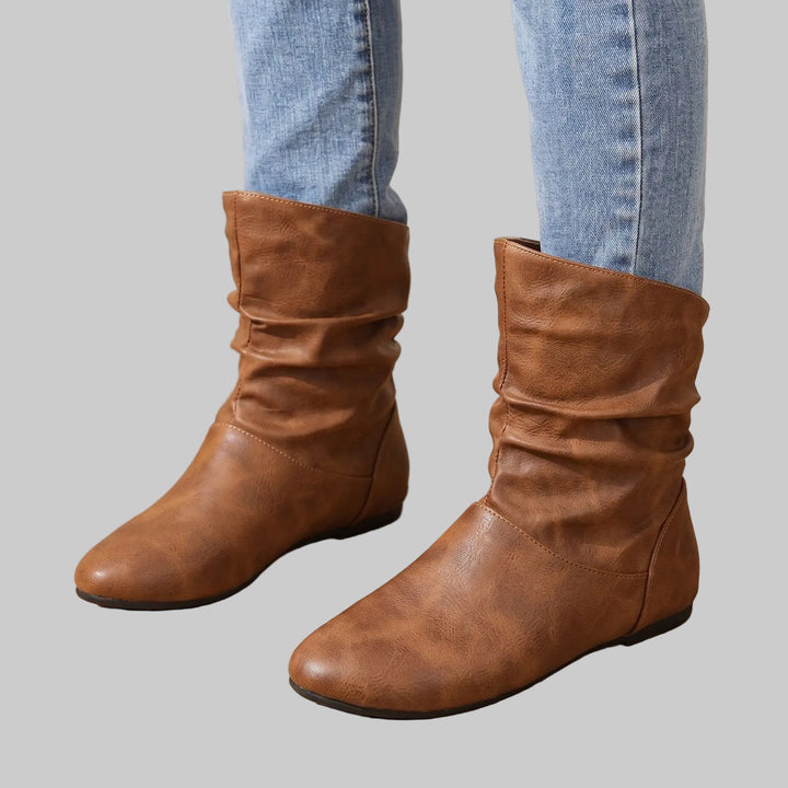 Women's Slouchy Flat Ankle Boots with Round Toe and Pull-On Design
