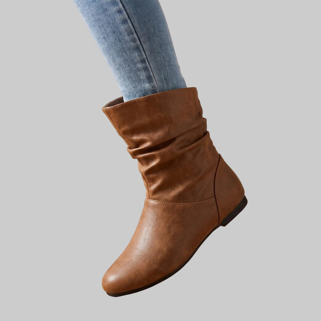 Women's Slouchy Flat Ankle Boots with Round Toe and Pull-On Design
