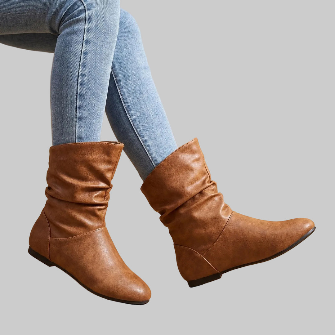 Women's Slouchy Flat Ankle Boots with Round Toe and Pull-On Design