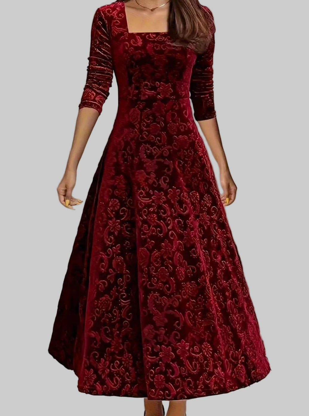Women's Square-Neck Floral-Embossed Velvet A-Line Midi Dress