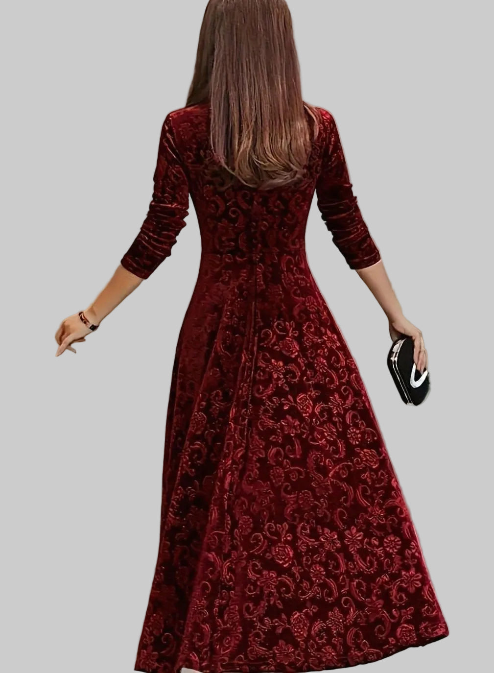 Women's Square-Neck Floral-Embossed Velvet A-Line Midi Dress