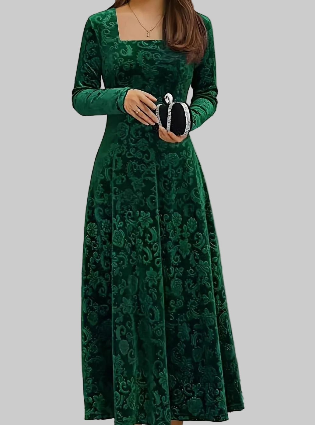 Women's Square-Neck Floral-Embossed Velvet A-Line Midi Dress