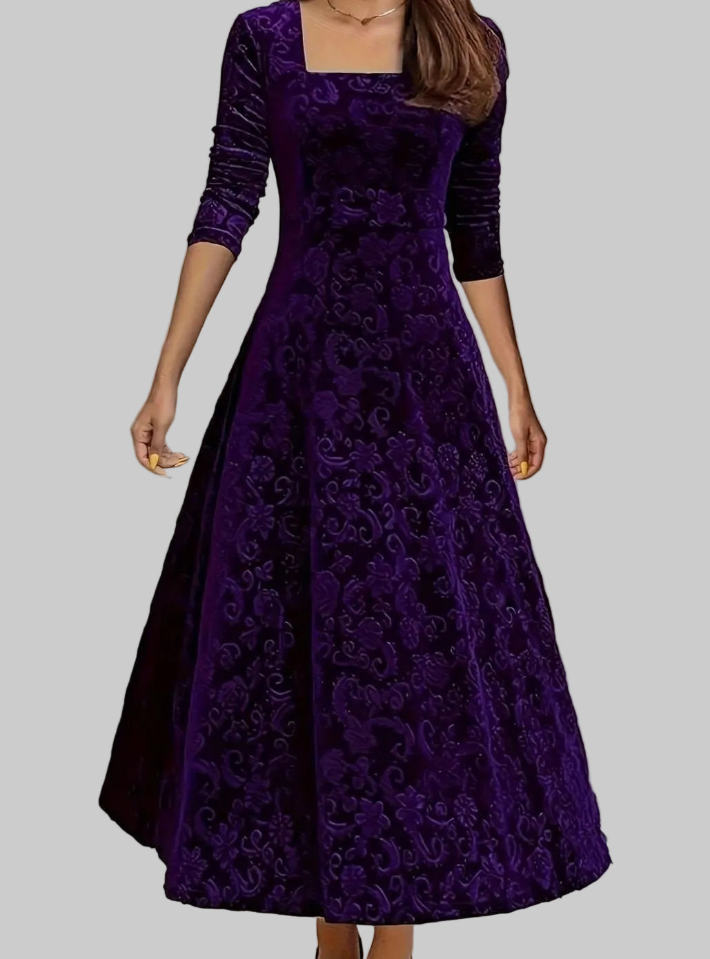 Women's Square-Neck Floral-Embossed Velvet A-Line Midi Dress