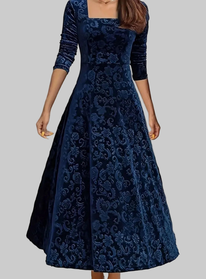 Women's Square-Neck Floral-Embossed Velvet A-Line Midi Dress