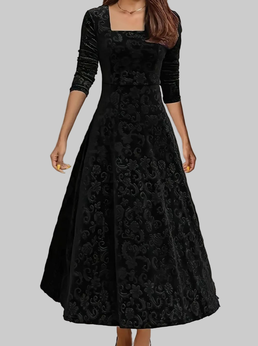 Women's Square-Neck Floral-Embossed Velvet A-Line Midi Dress