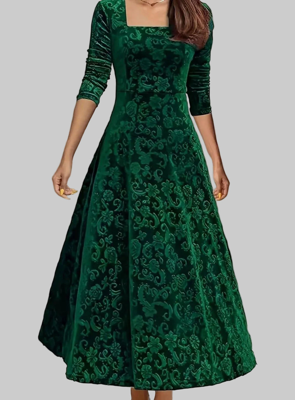 Women's Square-Neck Floral-Embossed Velvet A-Line Midi Dress