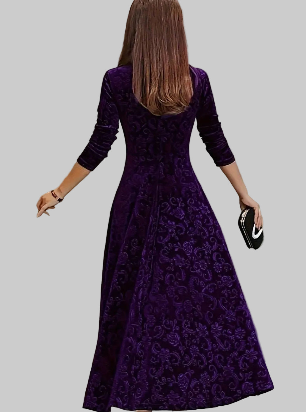 Women's Square-Neck Floral-Embossed Velvet A-Line Midi Dress
