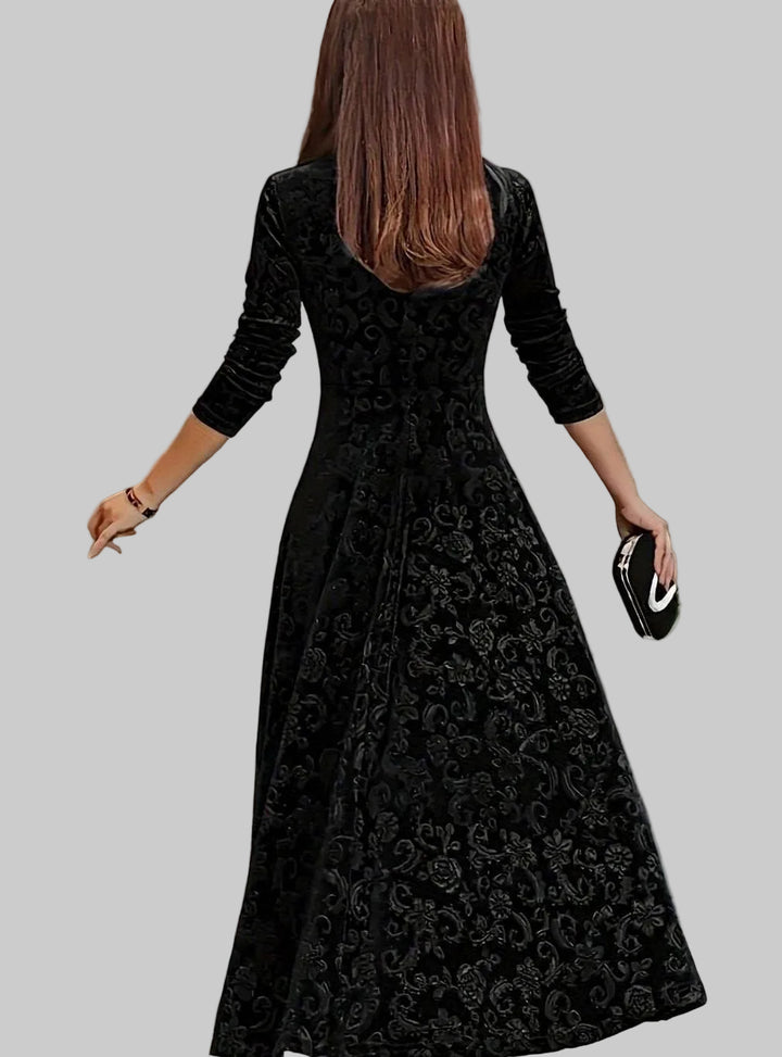 Women's Square-Neck Floral-Embossed Velvet A-Line Midi Dress